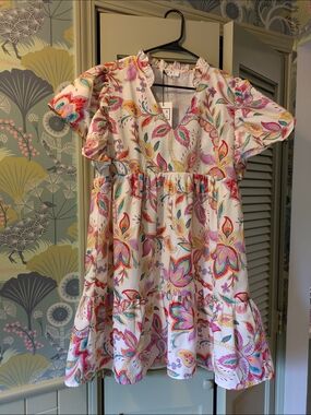 NWT THML White Floral Paisley Ruffle Sleeve Dress with Multi-Color Print